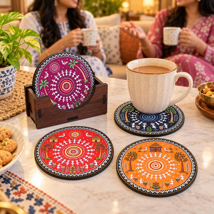 Warli Art Tea Coasters Set of 4 with Wooden Stand – Round Printed Coasters for Cups, Mugs & Gifting, Multicolor