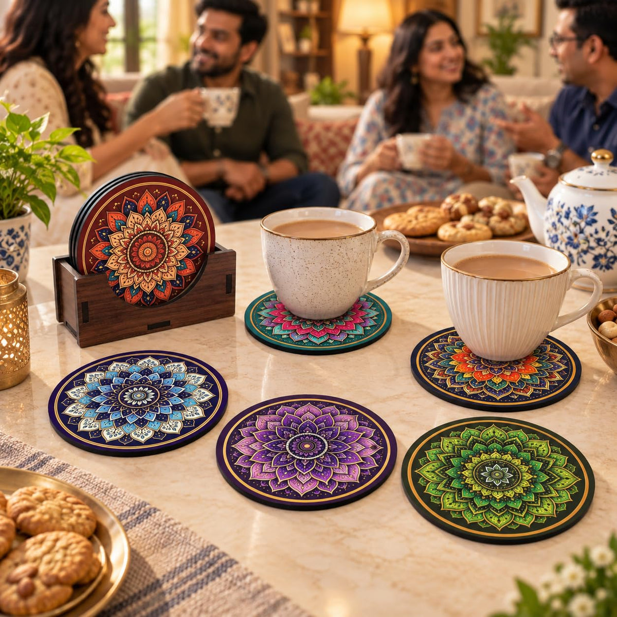Mandala Tea Coasters Set of 6 with Wooden Stand – Round Printed Coasters for Cups, Mugs & Gifting, Multicolor