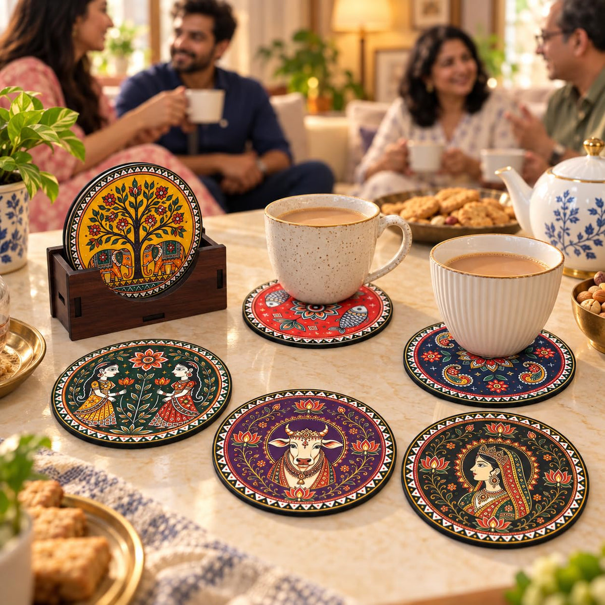 Indian Folk Art Tea Coasters Set of 6 with Wooden Stand – Round Printed Coasters for Cups, Mugs & Gifting, Multicolor