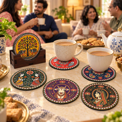 Indian Folk Art Tea Coasters Set of 6 with Wooden Stand – Round Printed Coasters for Cups, Mugs & Gifting, Multicolor