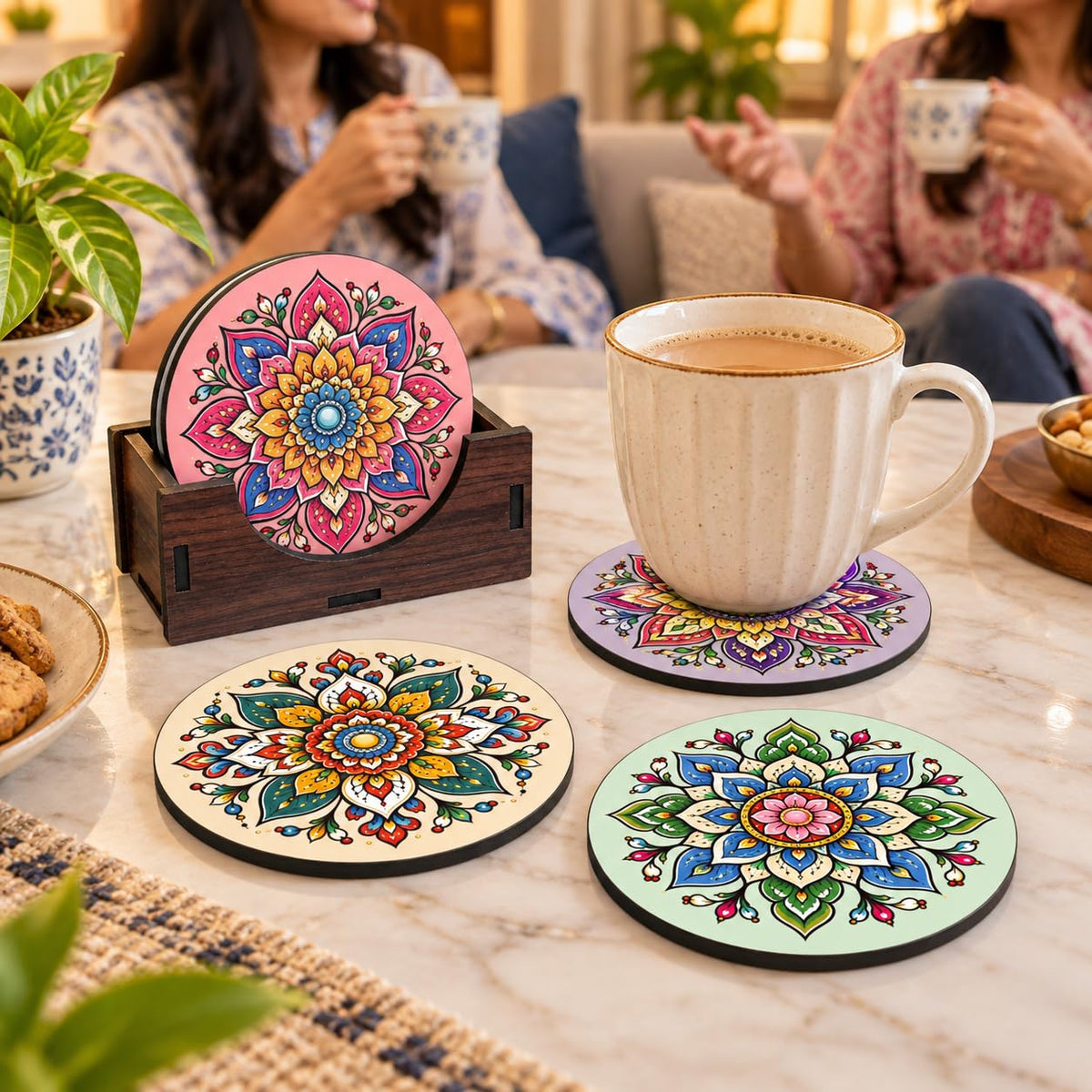 Pastel Mandala Tea Coasters Set of 4 with Wooden Stand – Round Printed Coasters for Cups, Mugs & Gifting, Multicolor