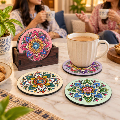 Pastel Mandala Tea Coasters Set of 4 with Wooden Stand – Round Printed Coasters for Cups, Mugs & Gifting, Multicolor