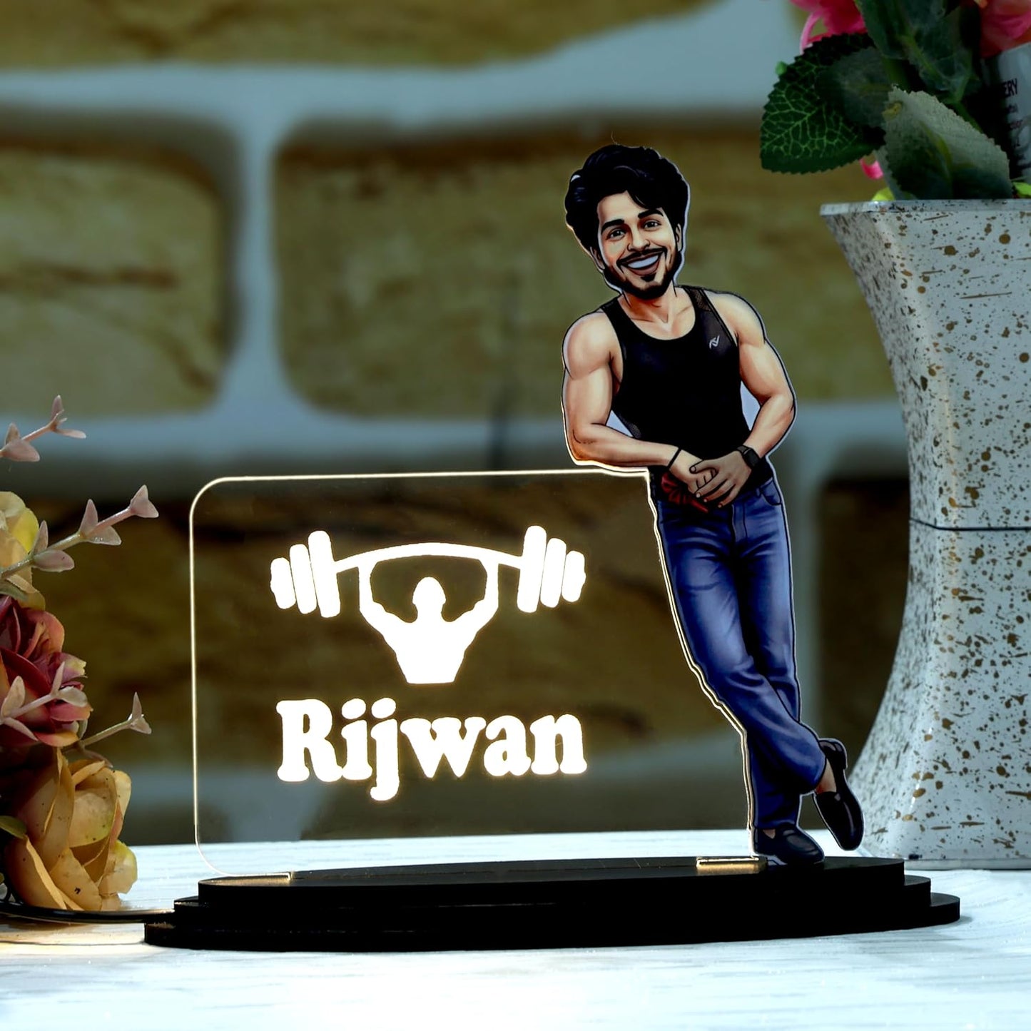 Personalized LED Caricature Name Plate for Men in Gym Sando Style | Custom Photo Bodybuilder Desk Decor Gift for Husband, Boyfriend & Brother