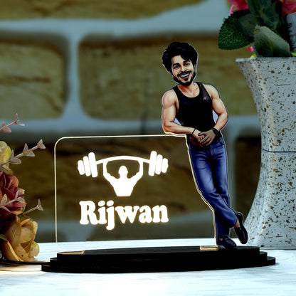 Personalized LED Caricature Name Plate for Men in Gym Sando Style | Custom Photo Bodybuilder Desk Decor Gift for Husband, Boyfriend & Brother