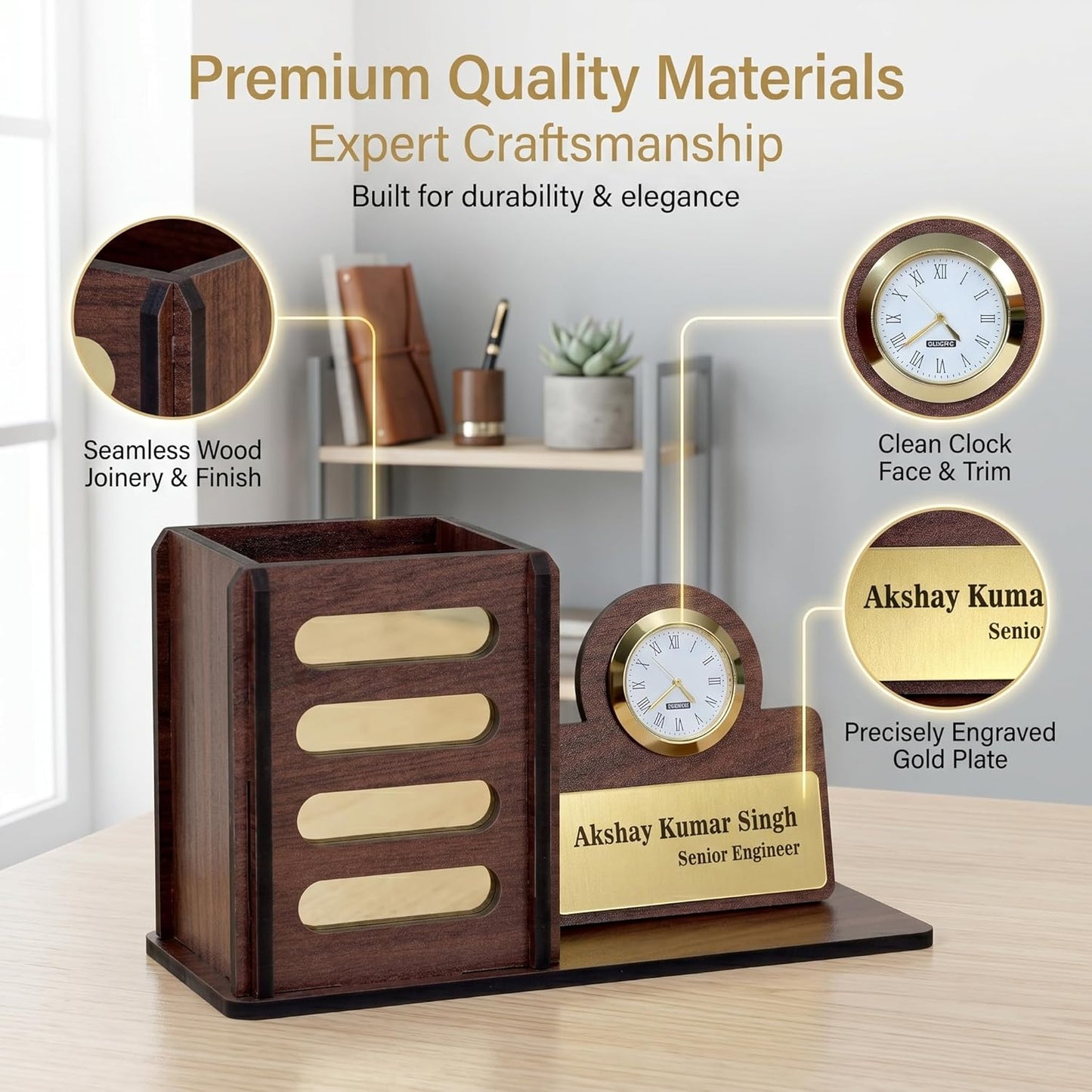 Personalized Wooden Desk Organizer with Clock & Name Plate | Executive Office Desk Pen Stand & Custom Gift