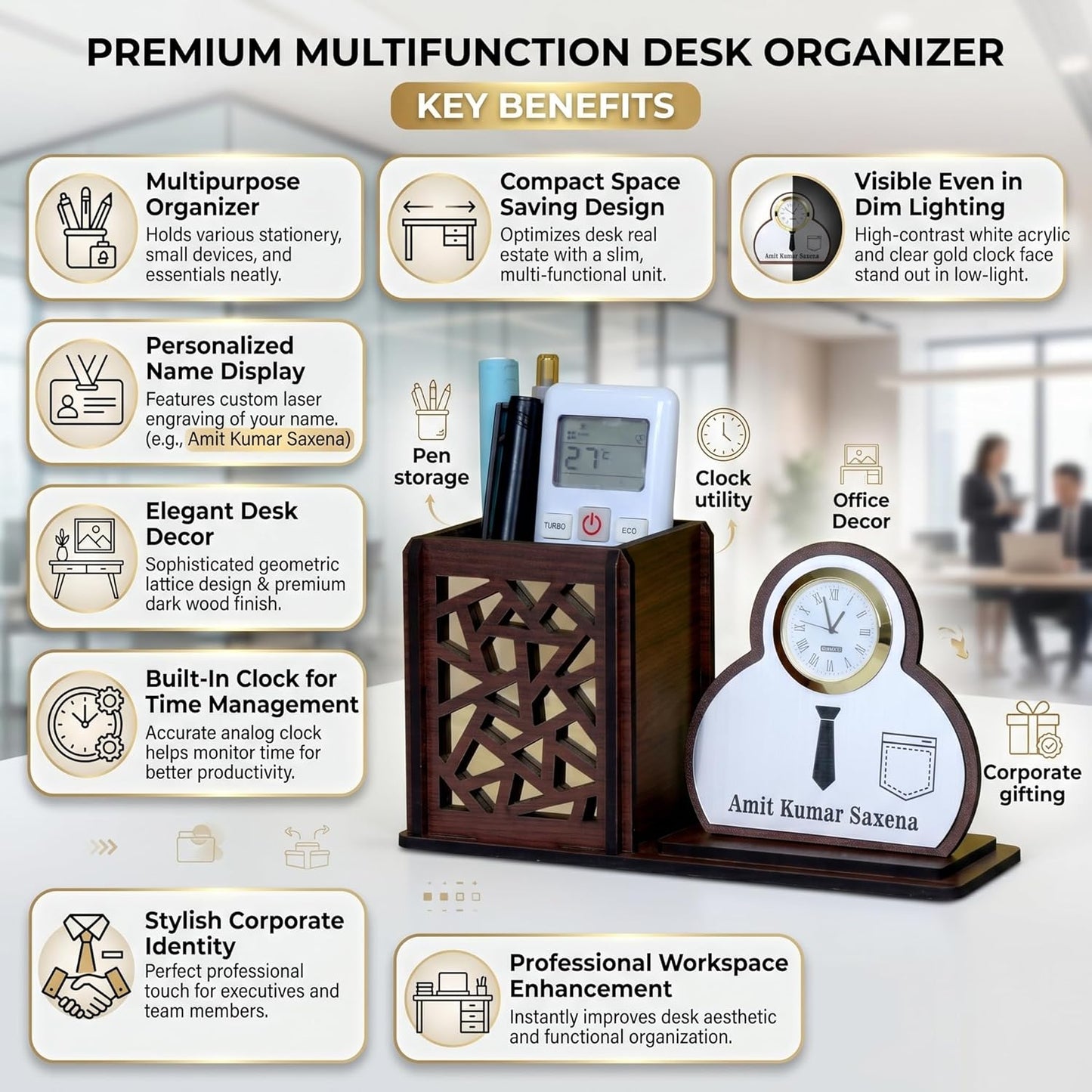 Personalized Wooden Desk Organizer with Clock & Shirt Name Plate | Office Table Organizer | Customised Gift for Men | Pen Stand Stationery Holder | Desktop Organizer Accessories - Shirt Brown