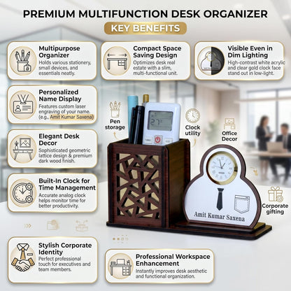 Personalized Wooden Desk Organizer with Clock & Shirt Name Plate | Office Table Organizer | Customised Gift for Men | Pen Stand Stationery Holder | Desktop Organizer Accessories - Shirt Brown