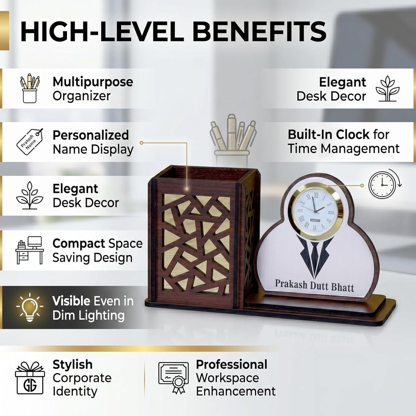 Personalized Wooden Desk Organizer with Clock & Suit Name Plate | Corporate Gift for Professionals | Executive Office Table Organizer | Customised Pen Stand Holder | Desk Decor - Suit Brown