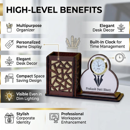 Personalized Wooden Desk Organizer with Clock & Suit Name Plate | Corporate Gift for Professionals | Executive Office Table Organizer | Customised Pen Stand Holder | Desk Decor - Suit Brown