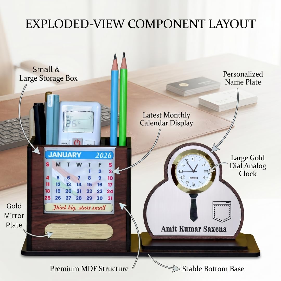Giftationery Pen Stand for Table with Wooden Desk Organiser, Table Clock, Pen Holder Wooden & Latest Calendar | Personalized Office Desk Organizer | Shirt Brown
