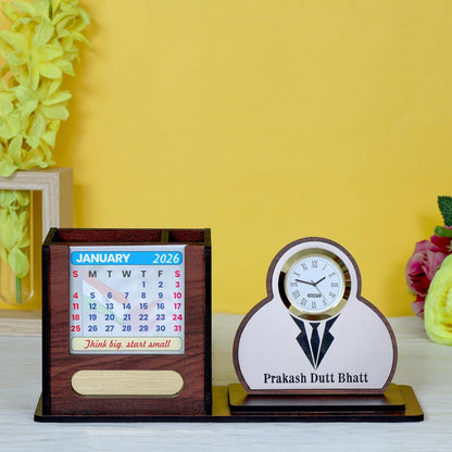 Giftationery Pen Stand for Table with Wooden Desk Organiser, Table Clock, Pen Holder Wooden & Latest Calendar | Personalized Office Desk Organizer | Suit Brown