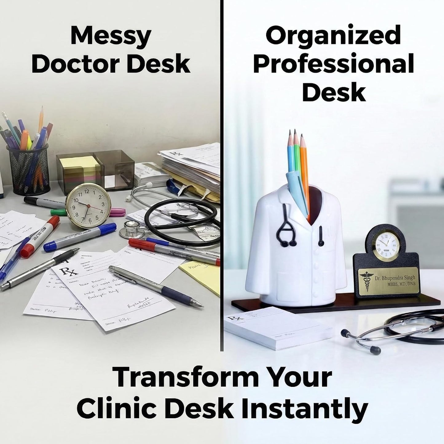 Giftationery Medical Theme Desk Organizer with clock - personalized gift to a doctor Pen Stand | Unique Apron/Coat Shape Pencil Holder | A gift to doctors female, male & Medical Aspirants
