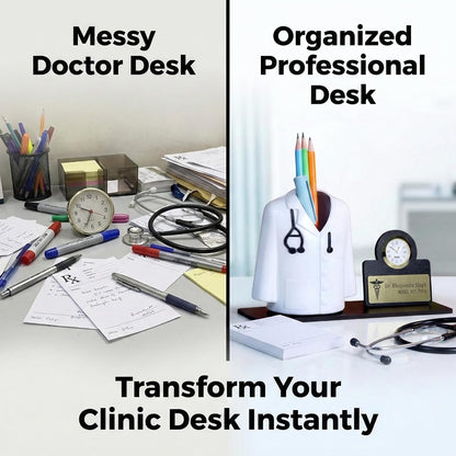 Giftationery Medical Theme Desk Organizer with clock - personalized gift to a doctor Pen Stand | Unique Apron/Coat Shape Pencil Holder | A gift to doctors female, male & Medical Aspirants