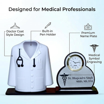 Giftationery Premium Apron/Coat Shape Pencil Holder for Clinic and Office Desk with clock | personalized gift for doctor Pen Stand | The best gift for doctors female, male & Medical Aspirants