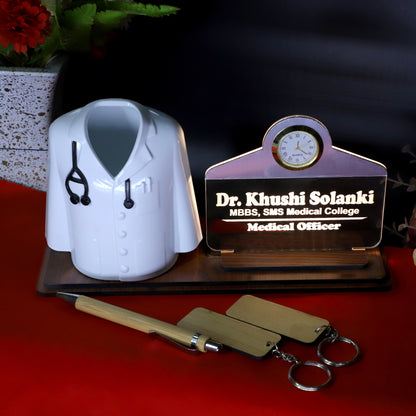 Doctor Coat Pen Stand with LED Name Plate, Clock & Wooden Base | Bamboo Pen & Personalized Wooden Keyring with Stylish Name Plate | Customized Desk Organizer for Doctors Medical Aspirants