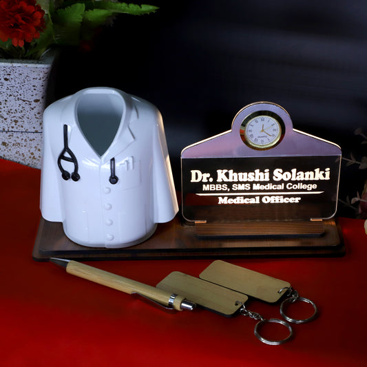 Doctor Coat Pen Stand with LED Name Plate, Clock & Wooden Base | Bamboo Pen & Personalized Wooden Keyring with Stylish Name Plate | Customized Desk Organizer for Doctors Medical Aspirants