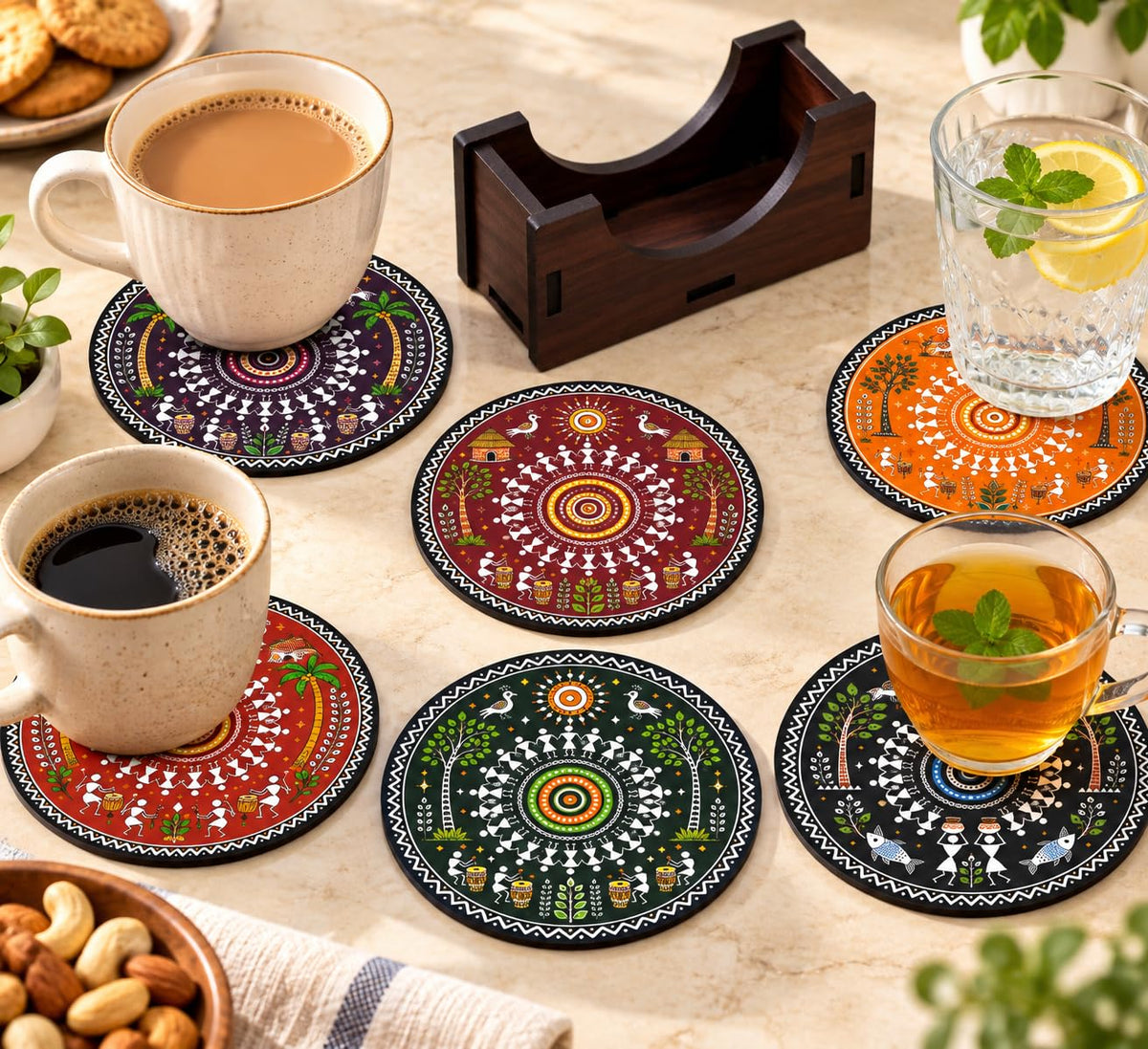 Warli Art Tea Coasters Set of 6 with Wooden Stand – Round Printed Coasters for Cups, Mugs & Gifting, Multicolor