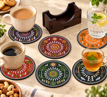 Warli Art Tea Coasters Set of 6 with Wooden Stand – Round Printed Coasters for Cups, Mugs & Gifting, Multicolor