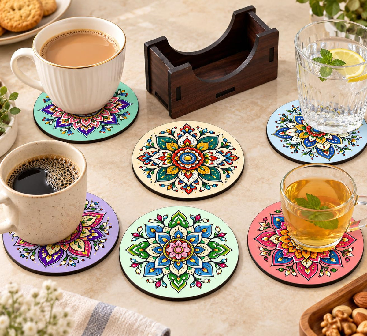 Pastel Mandala Tea Coasters Set of 6 with Wooden Stand – Round Printed Coasters for Cups, Mugs & Gifting, Multicolor