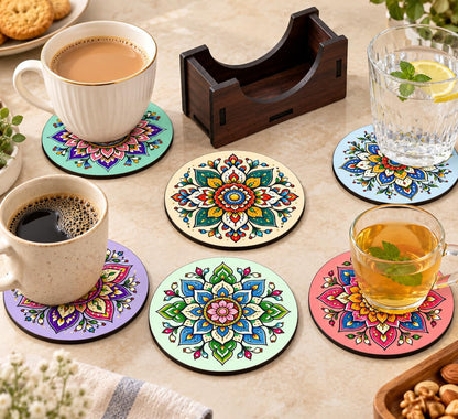 Pastel Mandala Tea Coasters Set of 6 with Wooden Stand – Round Printed Coasters for Cups, Mugs & Gifting, Multicolor