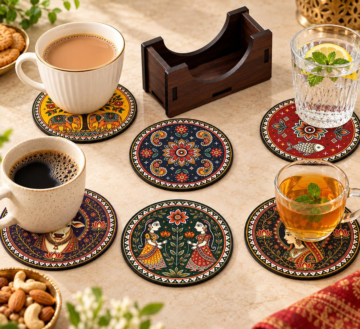 Indian Folk Art Tea Coasters Set of 6 with Wooden Stand – Round Printed Coasters for Cups, Mugs & Gifting, Multicolor