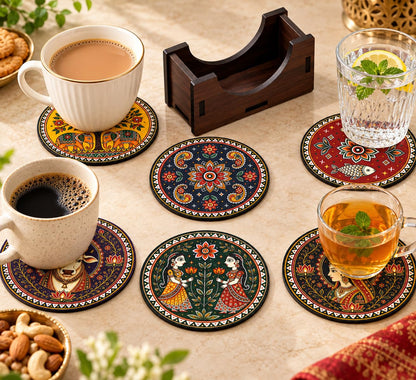 Indian Folk Art Tea Coasters Set of 6 with Wooden Stand – Round Printed Coasters for Cups, Mugs & Gifting, Multicolor