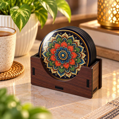 Mandala Tea Coasters Set of 6 with Wooden Stand – Round Printed Coasters for Cups, Mugs & Gifting, Multicolor