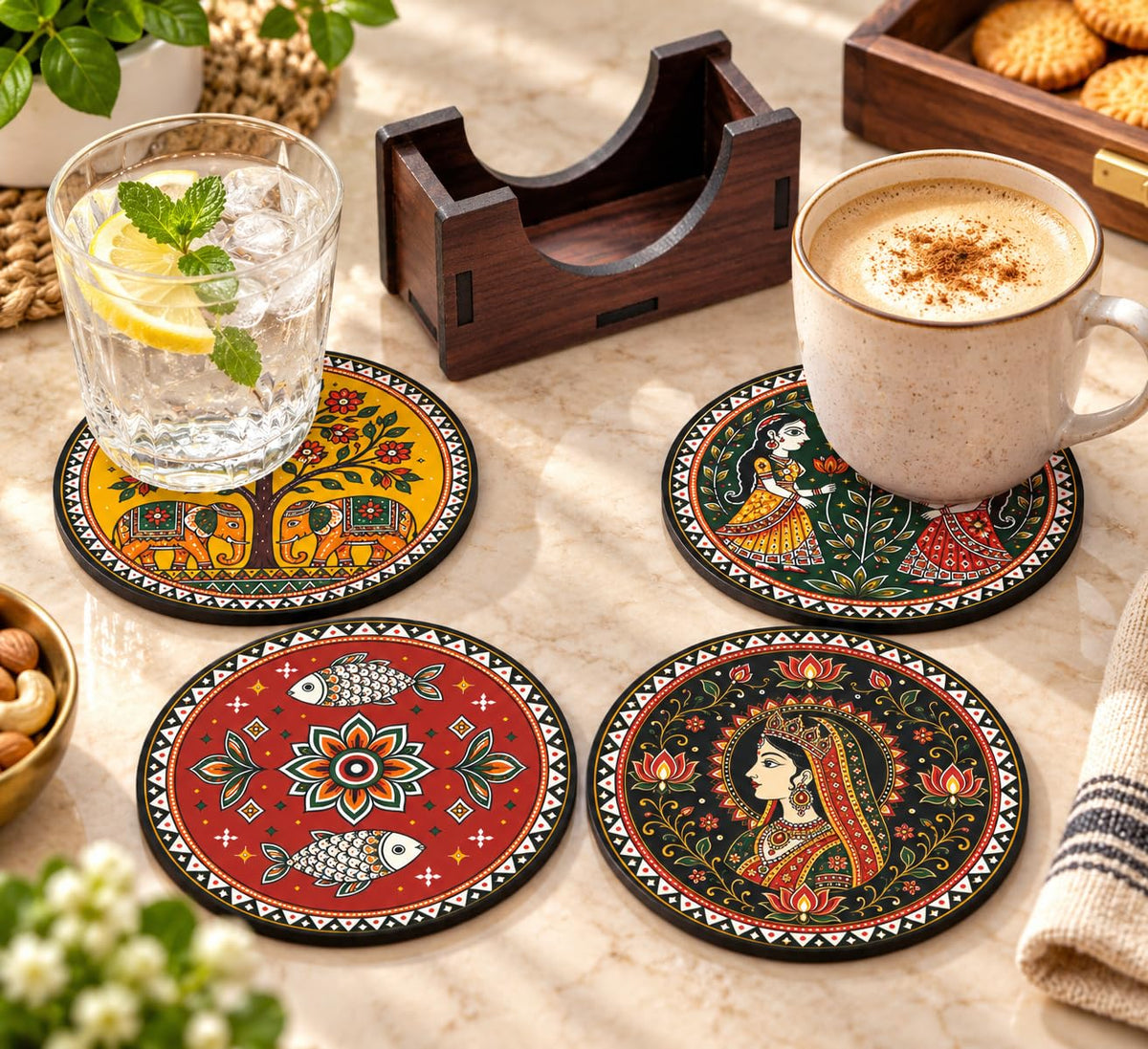 Indian Folk Art Tea Coasters Set of 4 with Wooden Stand – Round Printed Coasters for Cups, Mugs & Gifting, Multicolor