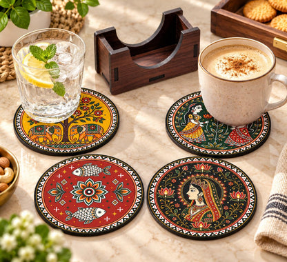 Indian Folk Art Tea Coasters Set of 4 with Wooden Stand – Round Printed Coasters for Cups, Mugs & Gifting, Multicolor