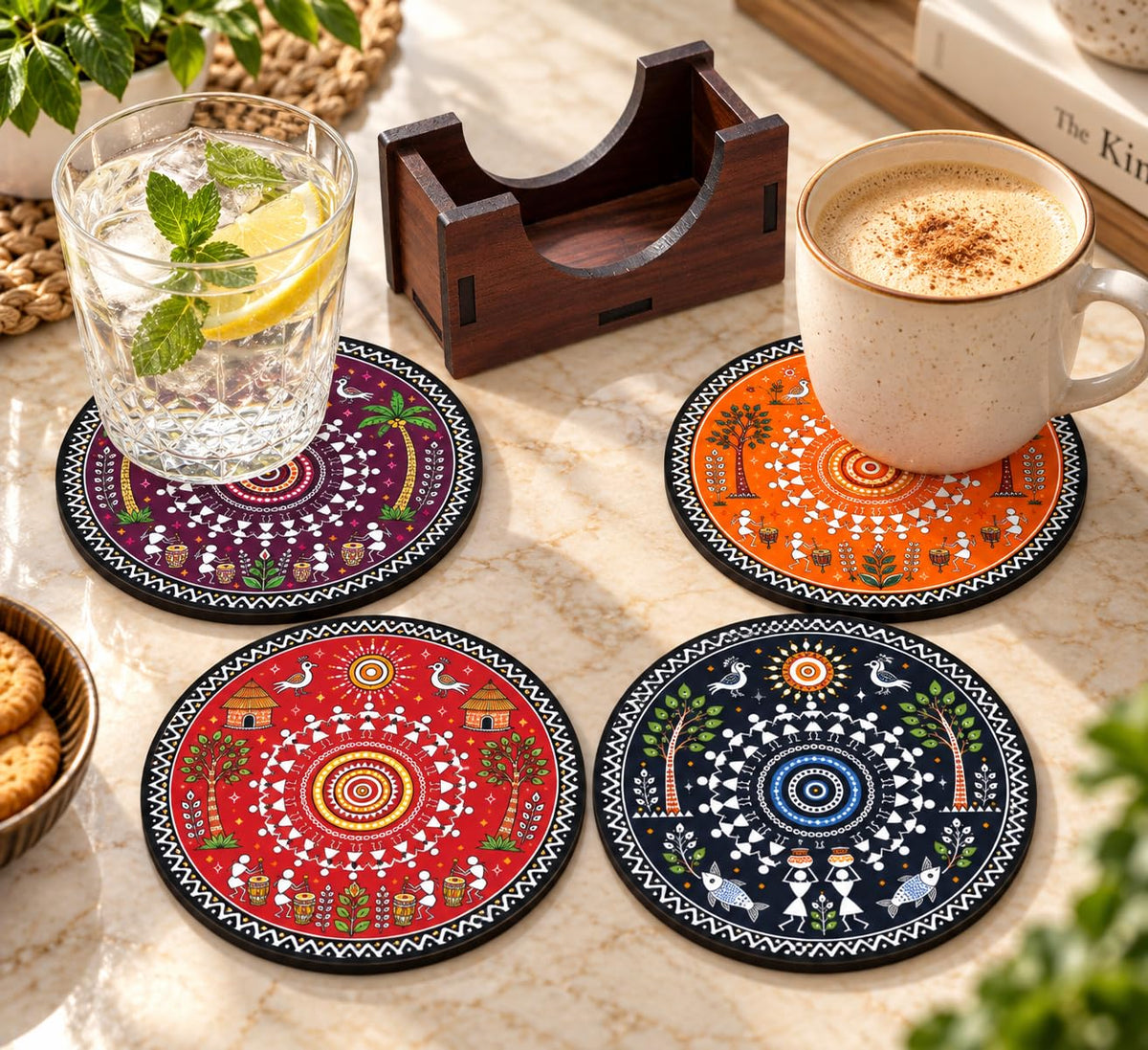 Warli Art Tea Coasters Set of 4 with Wooden Stand – Round Printed Coasters for Cups, Mugs & Gifting, Multicolor