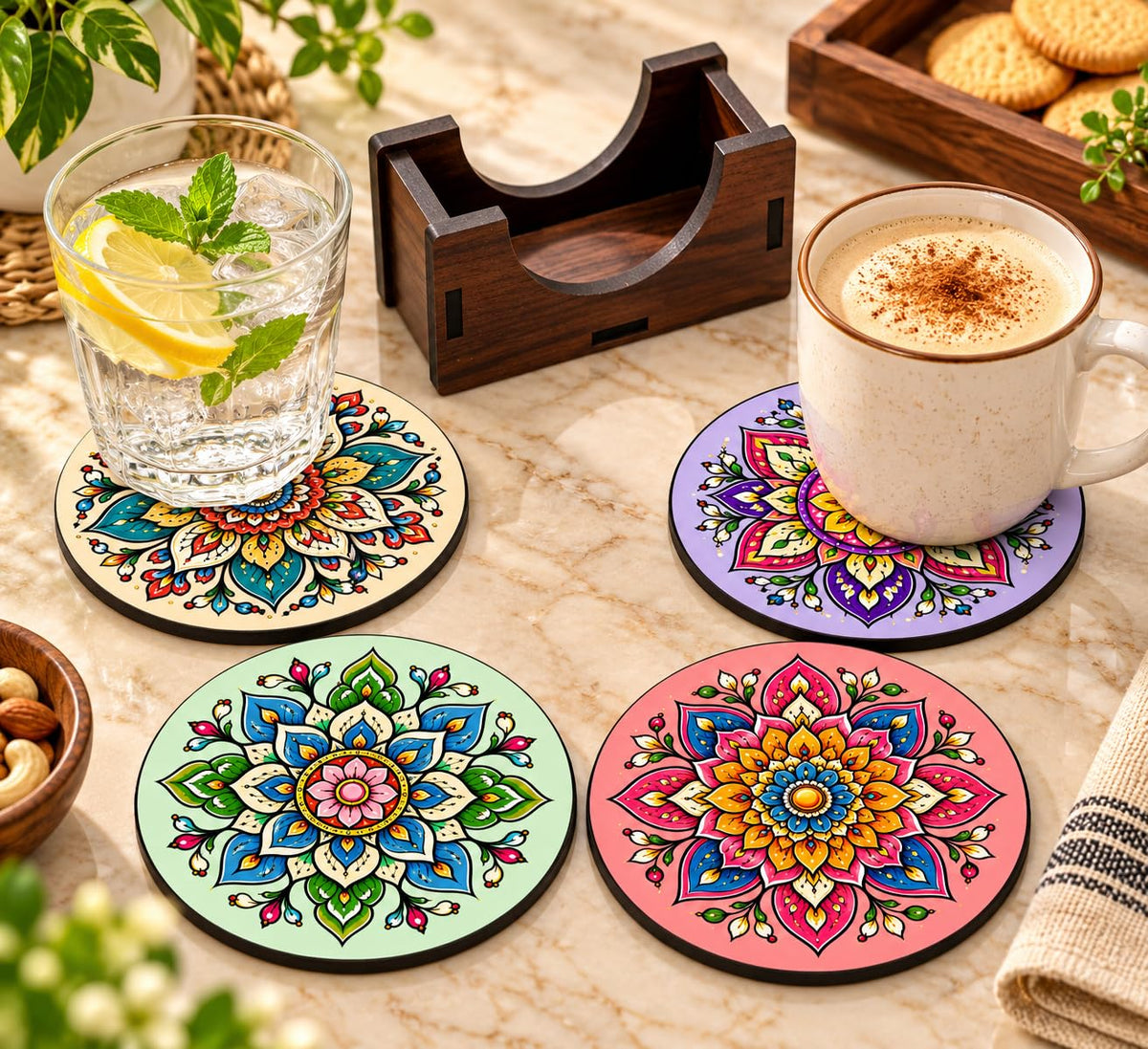 Pastel Mandala Tea Coasters Set of 4 with Wooden Stand – Round Printed Coasters for Cups, Mugs & Gifting, Multicolor
