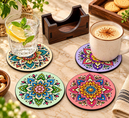 Pastel Mandala Tea Coasters Set of 4 with Wooden Stand – Round Printed Coasters for Cups, Mugs & Gifting, Multicolor