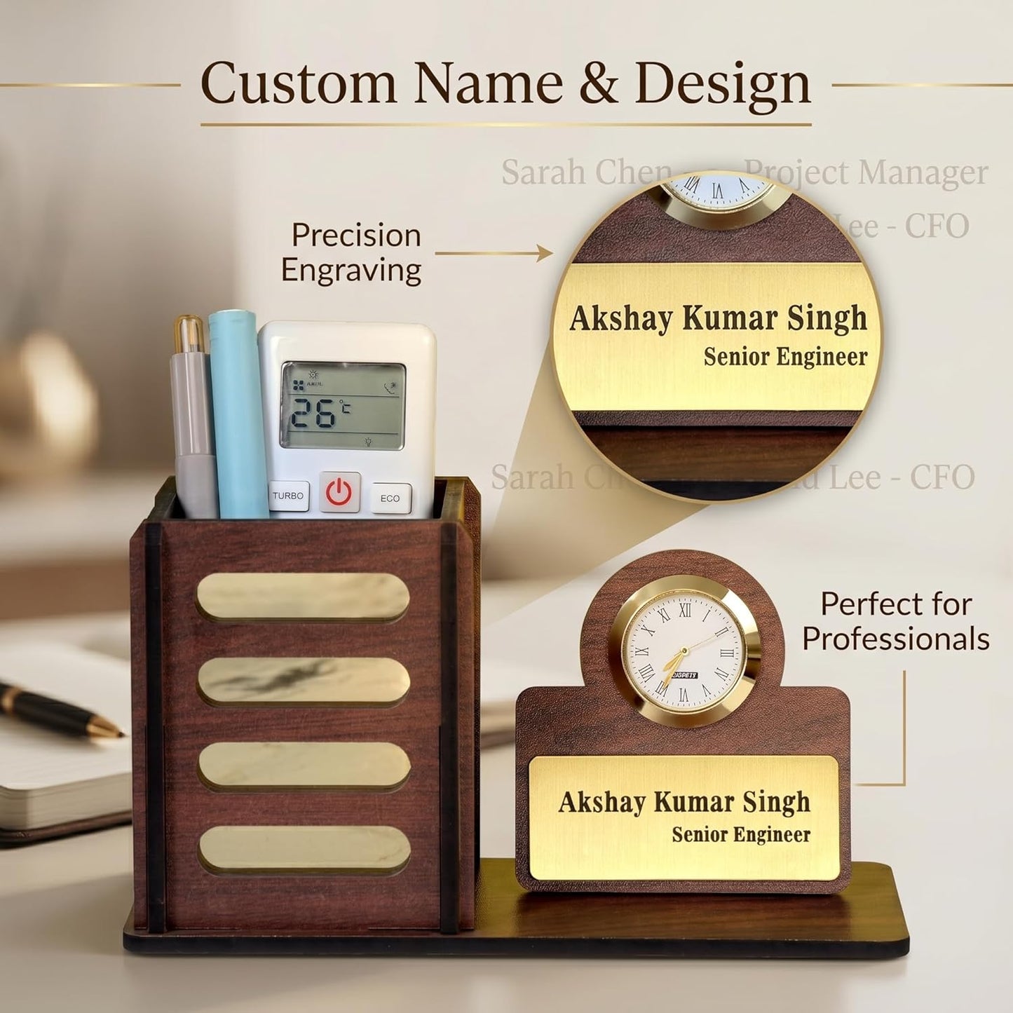 Personalized Wooden Desk Organizer with Clock & Name Plate | Executive Office Desk Pen Stand & Custom Gift