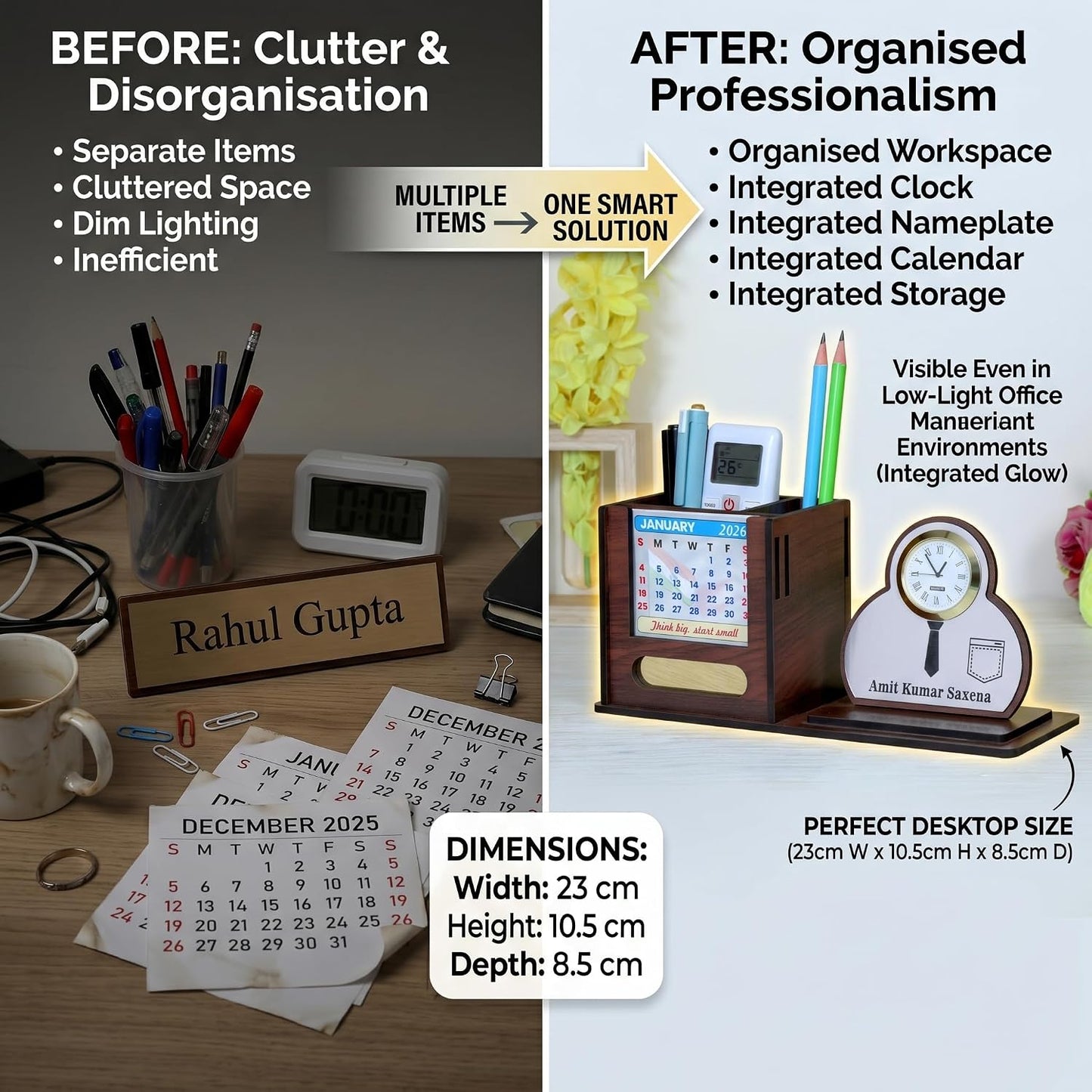 Giftationery Pen Stand for Table with Wooden Desk Organiser, Table Clock, Pen Holder Wooden & Latest Calendar | Personalized Office Desk Organizer | Shirt Brown