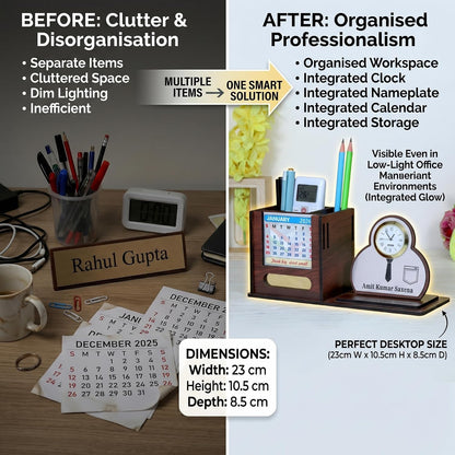 Giftationery Pen Stand for Table with Wooden Desk Organiser, Table Clock, Pen Holder Wooden & Latest Calendar | Personalized Office Desk Organizer | Shirt Brown