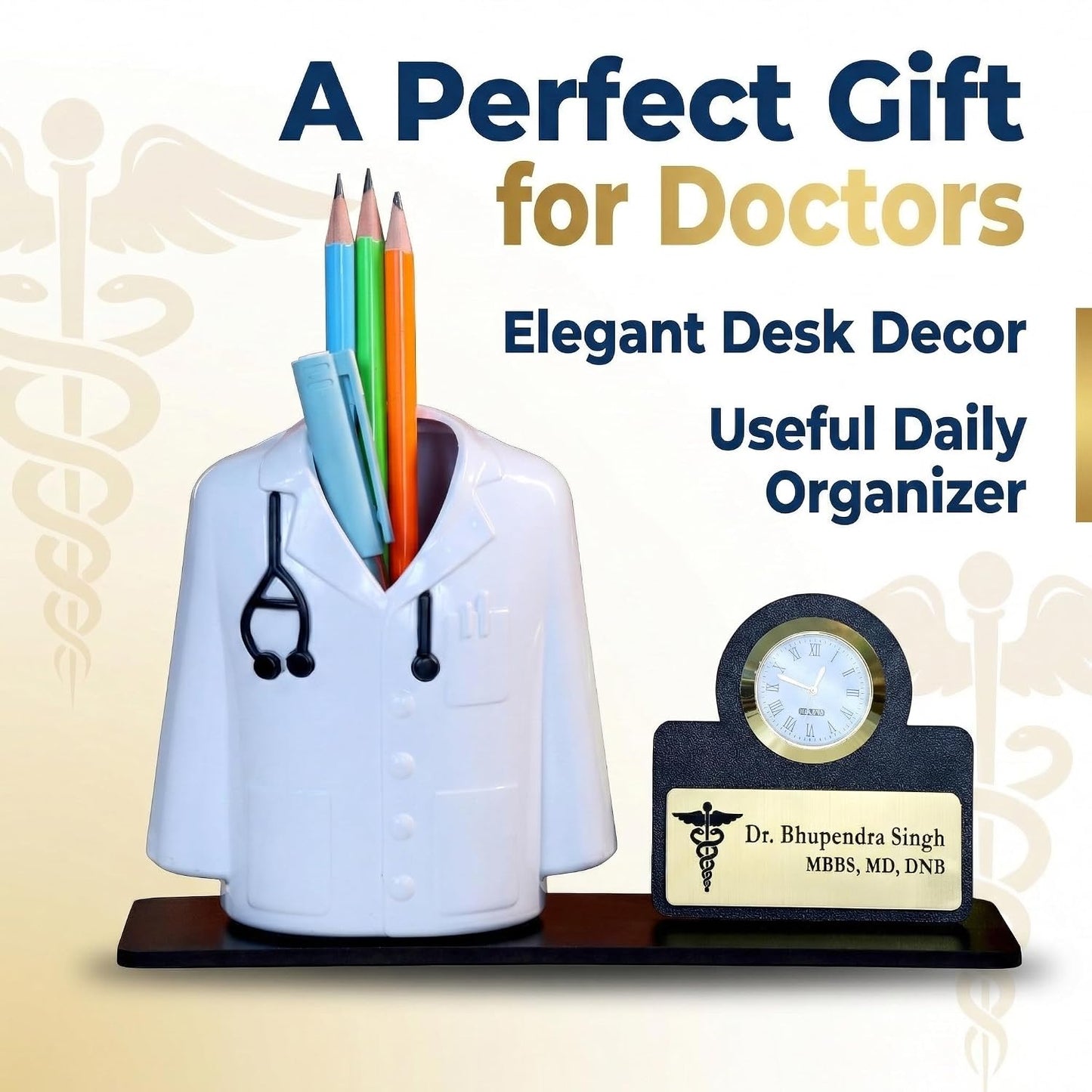 Giftationery Medical Theme Desk Organizer with clock - personalized gift to a doctor Pen Stand | Unique Apron/Coat Shape Pencil Holder | A gift to doctors female, male & Medical Aspirants