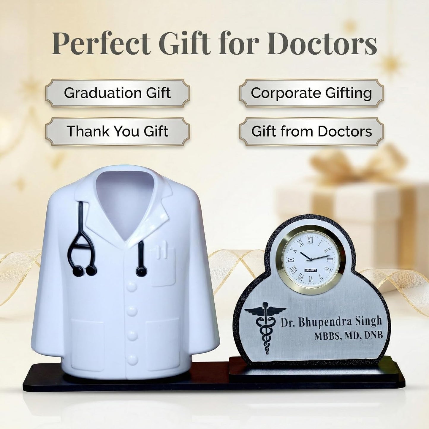 Giftationery Premium Apron/Coat Shape Pencil Holder for Clinic and Office Desk with clock | personalized gift for doctor Pen Stand | The best gift for doctors female, male & Medical Aspirants