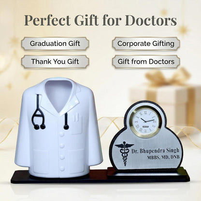 Giftationery Premium Apron/Coat Shape Pencil Holder for Clinic and Office Desk with clock | personalized gift for doctor Pen Stand | The best gift for doctors female, male & Medical Aspirants