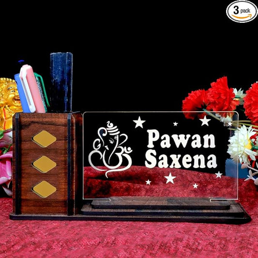 Desk Organizer with LED Name Lamp | Customized Gift for Men, Women, Teachers, Doctors, Dad, Husband | Pen Holder, Table Lamp | Personalized Birthday Gift | Office Organizer - Large Plate