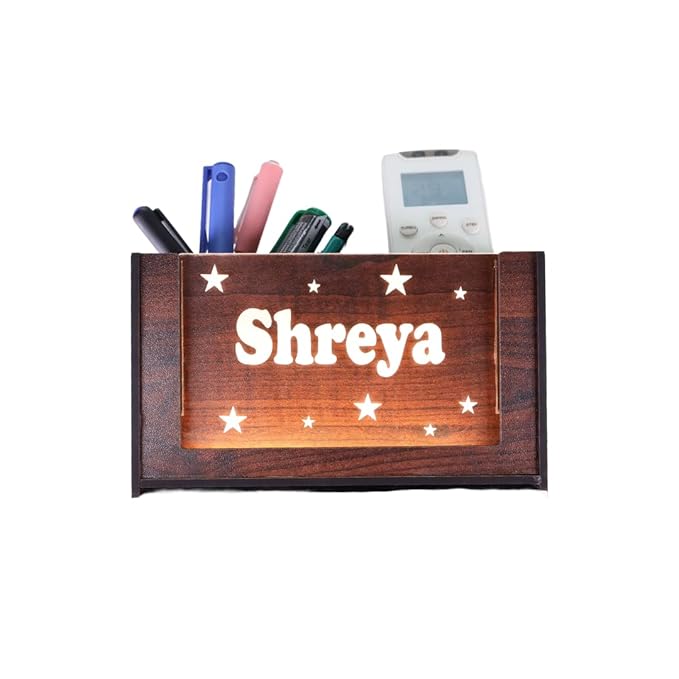 stylish wooden pen stand, pen holder, desk organiser for office & study table, personalised gift decor with LED name light, customised gifts for women, men, and girls. - 2Box