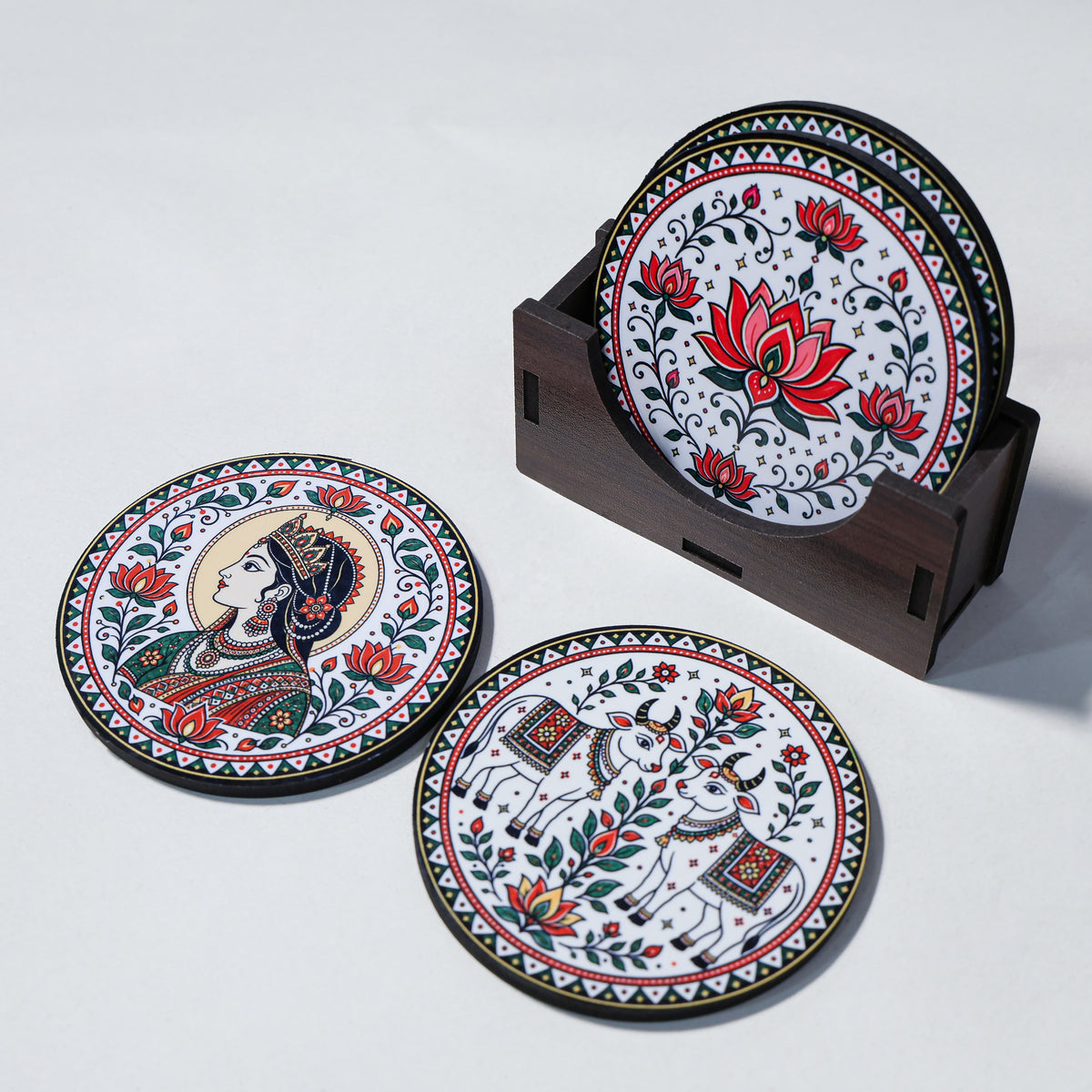 coaster 4 setMadhubani Tea Coasters Set of 4 with Holder - Wooden Coasters for Table