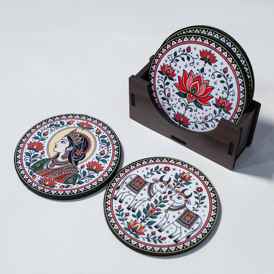 coaster 4 setMadhubani Tea Coasters Set of 4 with Holder - Wooden Coasters for Table