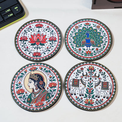 coaster 4 setMadhubani Tea Coasters Set of 4 with Holder - Wooden Coasters for Table