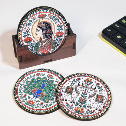 coaster 4 setMadhubani Tea Coasters Set of 4 with Holder - Wooden Coasters for Table