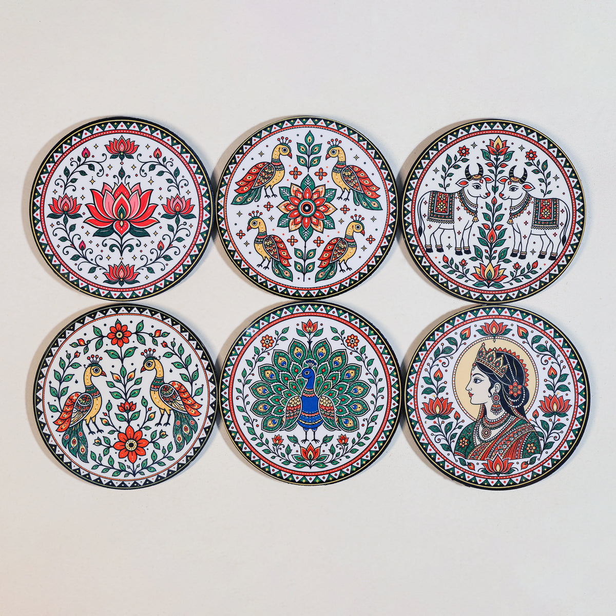Madhubani Tea Coasters Set of 6 with Holder - Wooden Coasters for Table