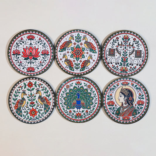 Madhubani Tea Coasters Set of 6 with Holder - Wooden Coasters for Table