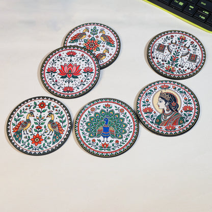 Madhubani Tea Coasters Set of 6 with Holder - Wooden Coasters for Table