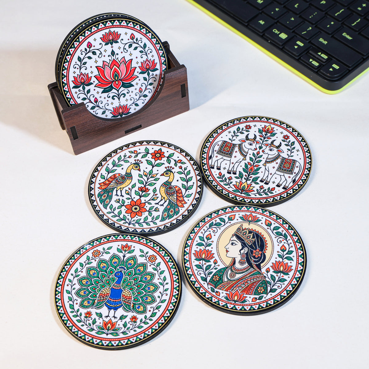 Madhubani Tea Coasters Set of 6 with Holder - Wooden Coasters for Table