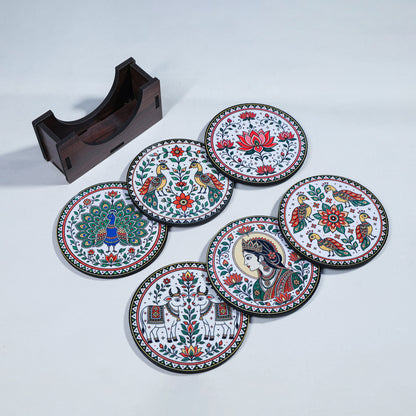 Madhubani Tea Coasters Set of 6 with Holder - Wooden Coasters for Table