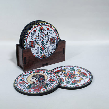 Madhubani Tea Coasters Set of 6 with Holder - Wooden Coasters for Table